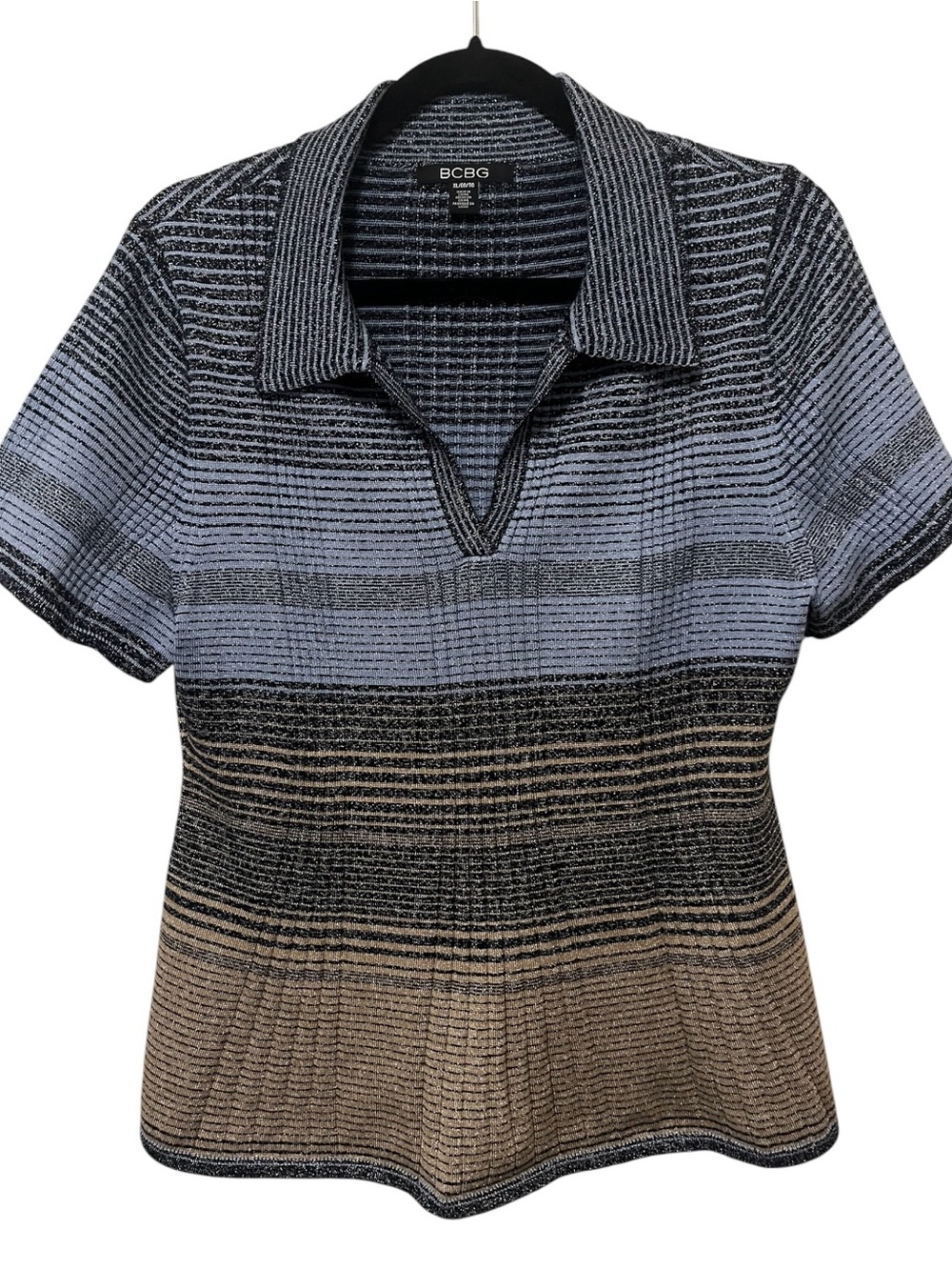 BCBG Short Sleeve Striped Knit Polo Top in Blue and Tan